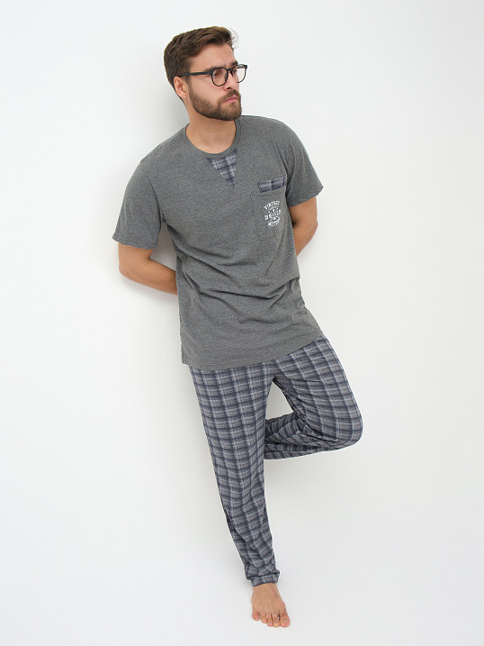 Пижама мужская Олимп кор.рукав серо-синий/клетка