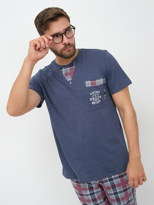 Пижама мужская Олимп кор.рукав бордо/клетка