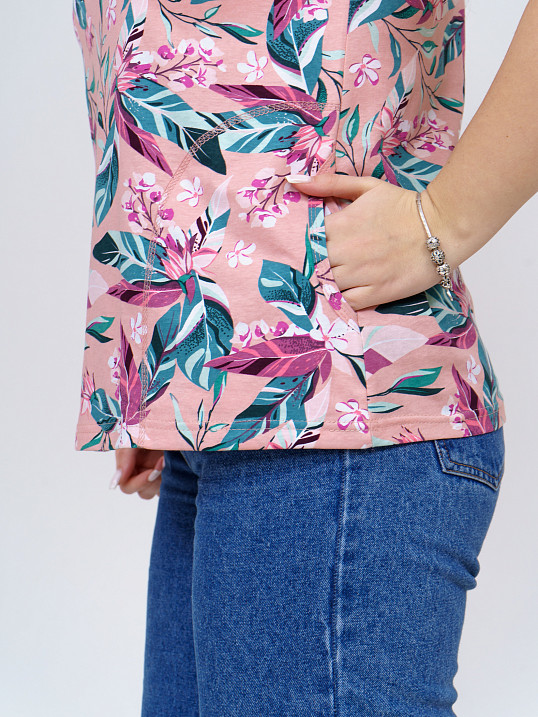 Футболка женская с карманами персик/тропики