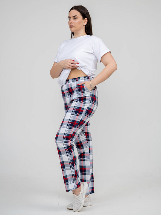 Брюки Силуэт бело-красный/клетка