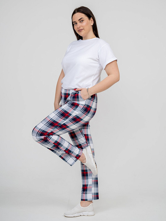 Брюки Силуэт бело-красный/клетка