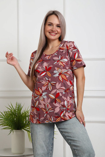 Футболка женская с карманами брусника/абстракция